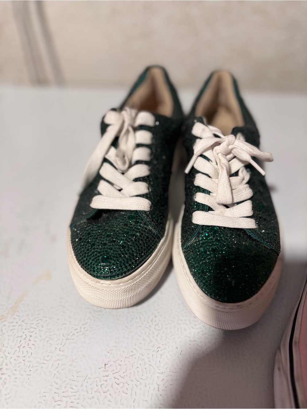 Betsey Johnson Emerald Green Glitter Lace-Up Platform Sneakers